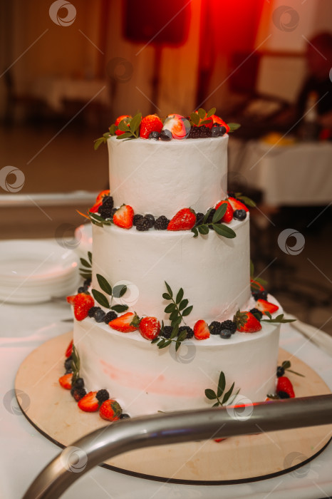 Скачать Красивый свадебный торт с ягодами и листьями 3202. фотосток Ozero