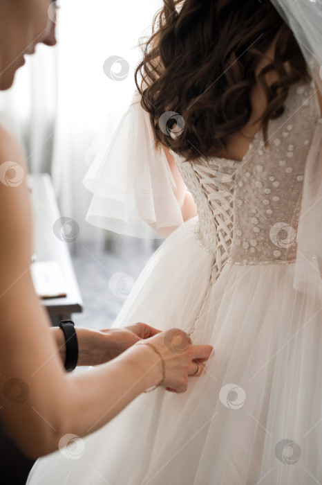 Скачать Подруга завязывает свадебное платье на невесте 3982. фотосток Ozero