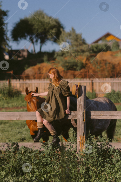 Скачать Девушка с рыжими волосами гладит лошадей и кормит их травой 3252. фотосток Ozero