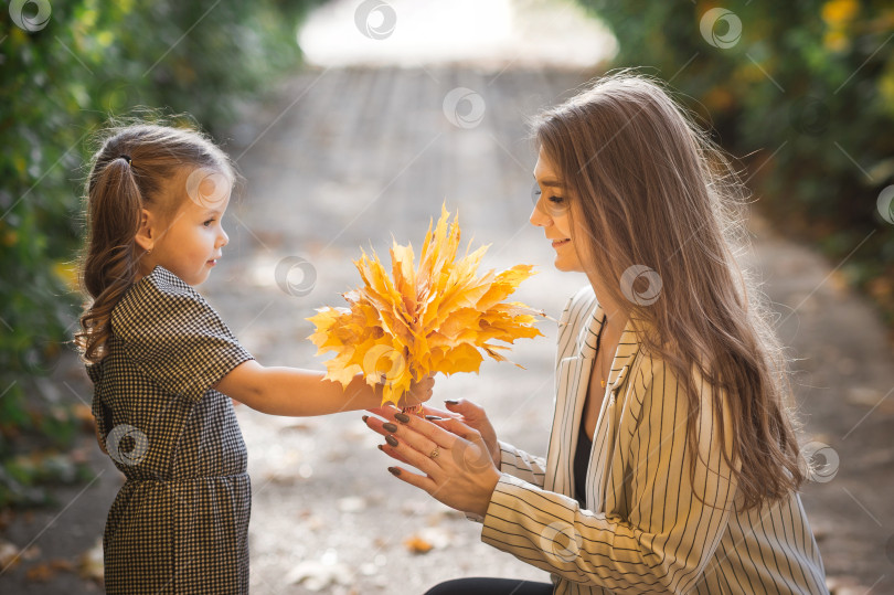 Скачать Большая фотография мамы и дочери осенью с желтыми листьями 3377. фотосток Ozero