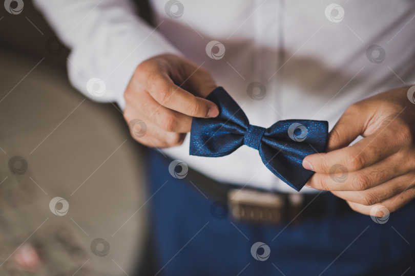 Скачать Синий галстук-бабочка с узорами в руках жениха 2598. фотосток Ozero