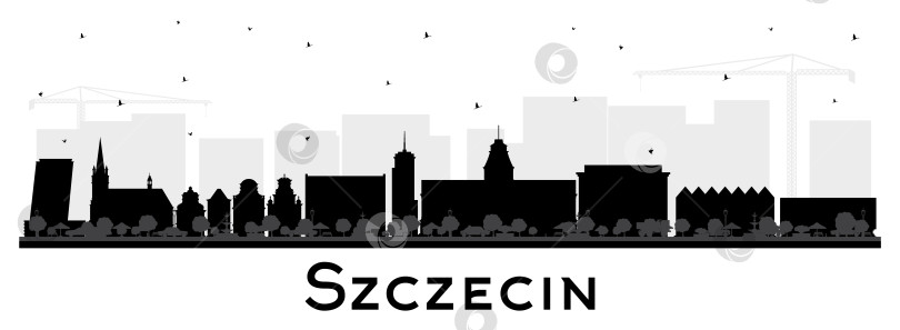 Скачать Силуэт города Щецин, Польша, на горизонте с черными зданиями, выделенными на белом фоне. Городской пейзаж Щецина с достопримечательностями. Концепция бизнеса и туризма с исторической архитектурой. фотосток Ozero