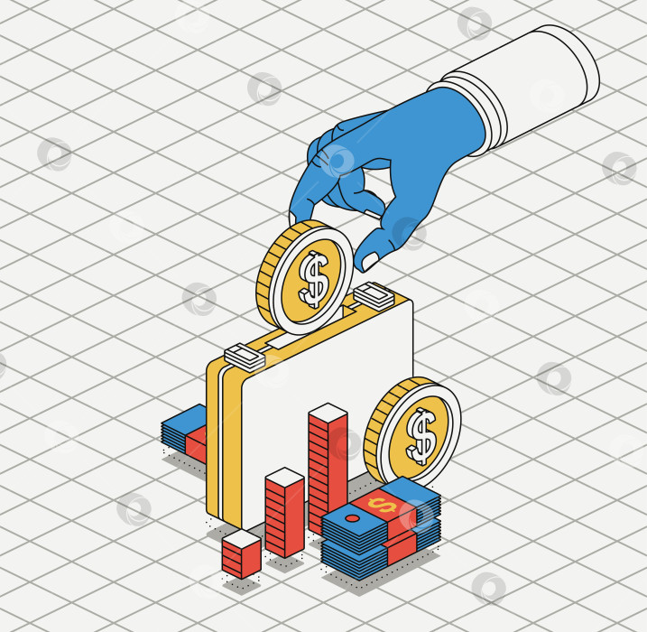 Скачать Рука кладет долларовую монету внутрь портфеля. Изометрическая концепция сбережения денег. Инвестирование и открытие банковского вклада. Стопка долларов. 3d-объекты. Стиль современного брутализма. Копилка. фотосток Ozero
