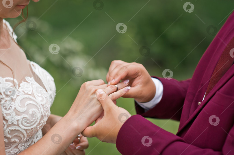 Скачать Жених надевает обручальное кольцо на палец невесты на зеленом фоне фотосток Ozero