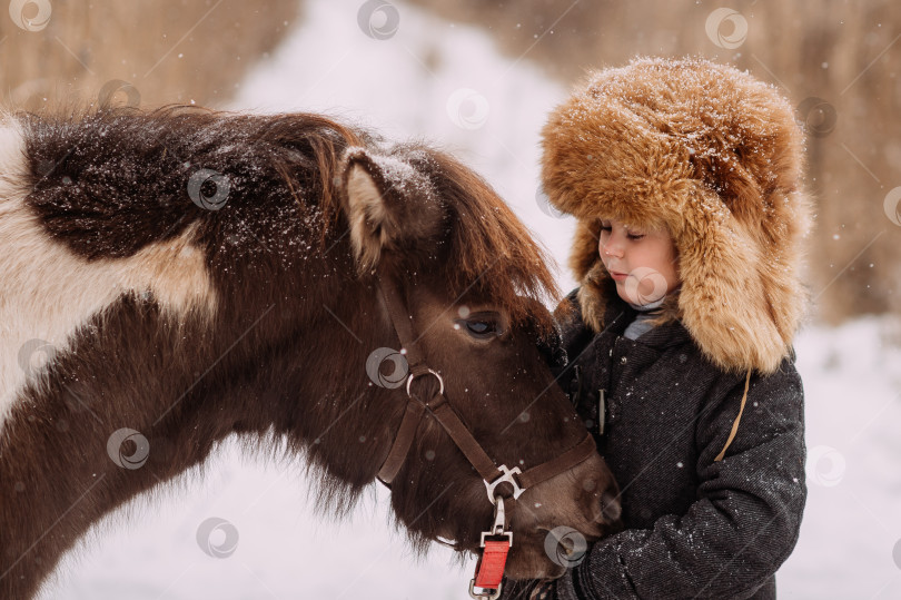 Скачать Гуляйте зимой по заснеженным тропинкам среди камышей с пони и малышом фотосток Ozero