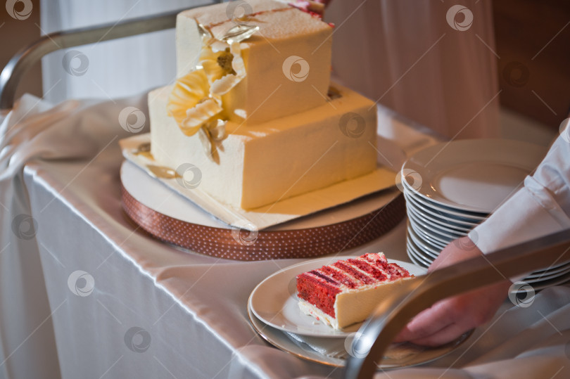 Скачать Белый свадебный торт с цветами и красной начинкой 2545. фотосток Ozero