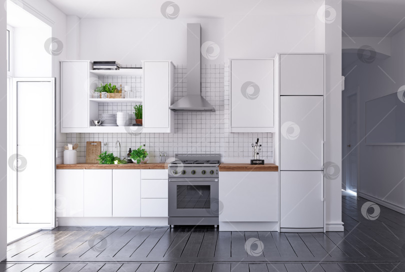 Скачать интерьер кухни в современном скандинавском стиле. фотосток Ozero