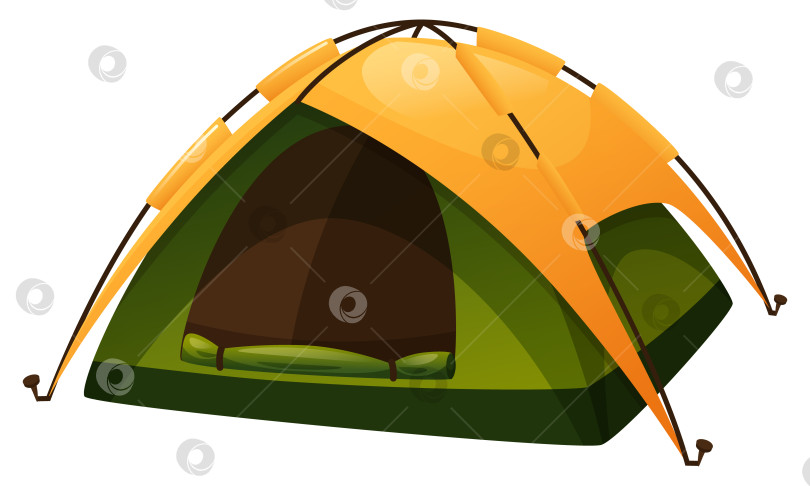 Скачать Векторная иллюстрация палатки для кемпинга, экспедиции, летнего лагеря. Палатка зеленого и желтого цветов, открытая и разложенная. Палатка для пеших прогулок, рыбалки, охоты на белом фоне. Туристическое снаряжение. фотосток Ozero