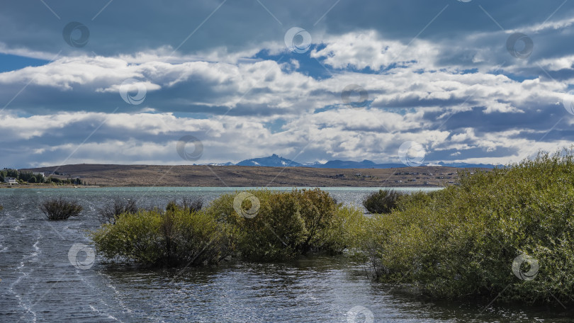 Скачать У берега сине-бирюзового озера растут пышные зеленые кусты. фотосток Ozero