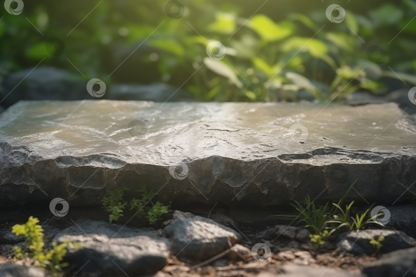 Скачать Каменная платформа, каменный подиум на фоне зеленых растений на солнце фотосток Ozero