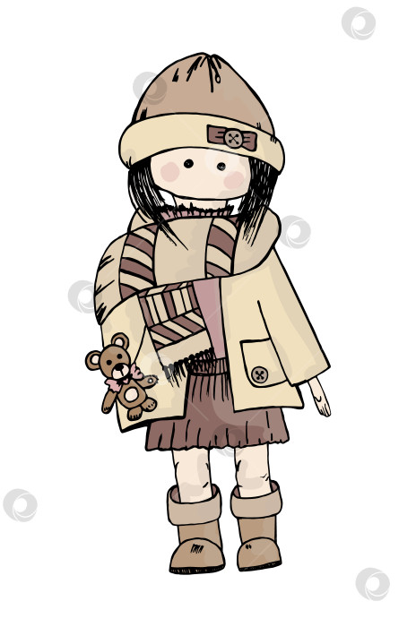 Скачать Куколка-милашка, одетая в теплый осенний наряд, держит в руке плюшевого мишку фотосток Ozero