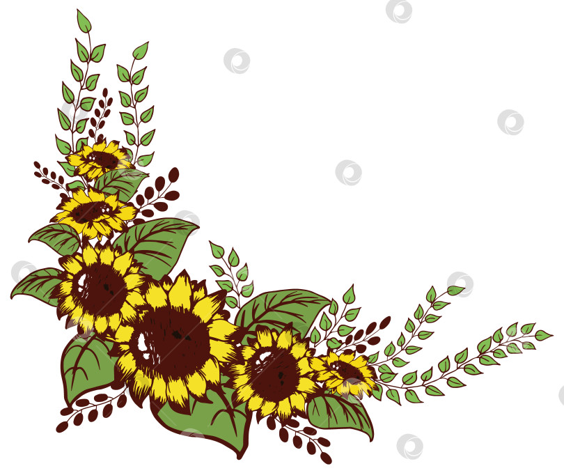 Скачать Букет летних желтых цветущих подсолнухов, букет в цветочном уголке, декоративная рамка фотосток Ozero