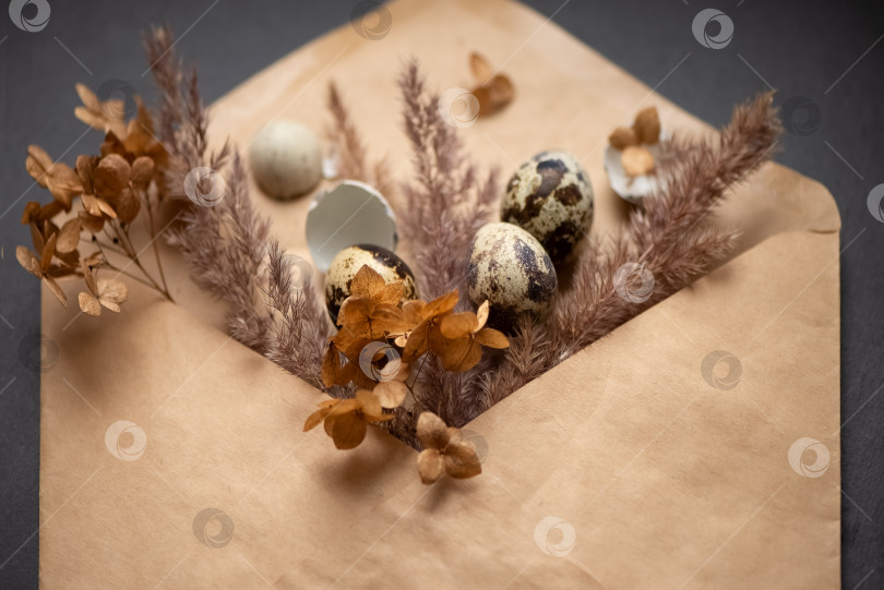 Скачать Композиция "Счастливая Пасха" с маленькими яйцами и сухоцветами в конверте из крафтовой бумаги фотосток Ozero