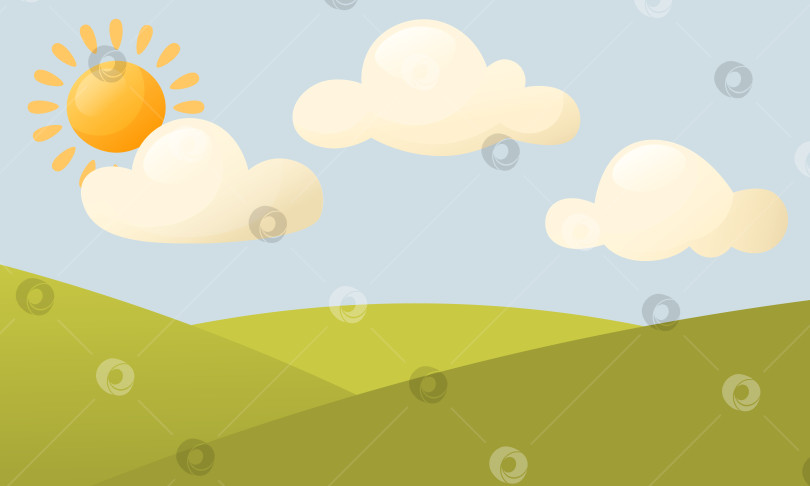 Скачать Векторная иллюстрация красивого летнего пейзажа. Зеленое поле с травой, голубое небо с облаками, яркое солнце. День, утро. Ландшафтный дизайн для баннеров, плакатов, детских книг. фотосток Ozero
