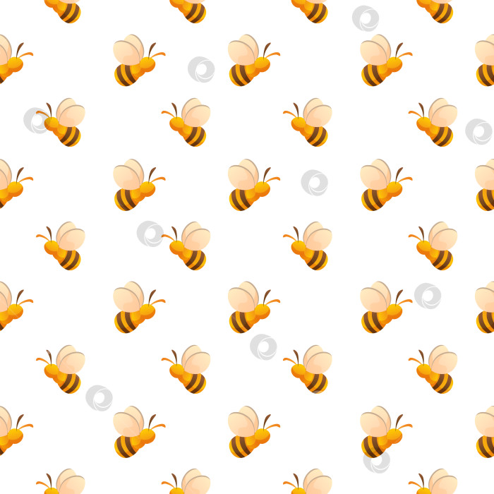 Скачать Бесшовный векторный фон с повторяющимся рисунком летящей пчелы на белом фоне. Желтый полосатый шмель, оса. Подходит для оберточной бумаги, обоев, текстиля. фотосток Ozero