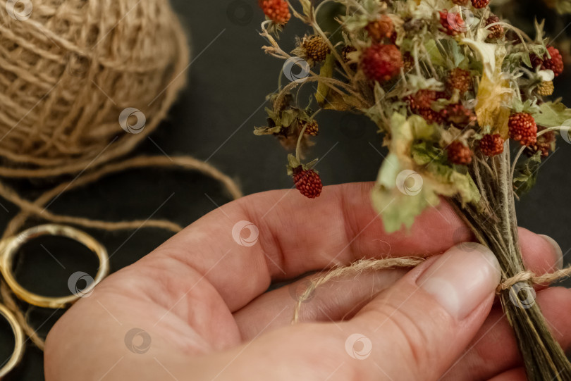 Скачать женские руки связывают сухие веточки клубники с ягодами в небольшой пучок шпагатом фотосток Ozero