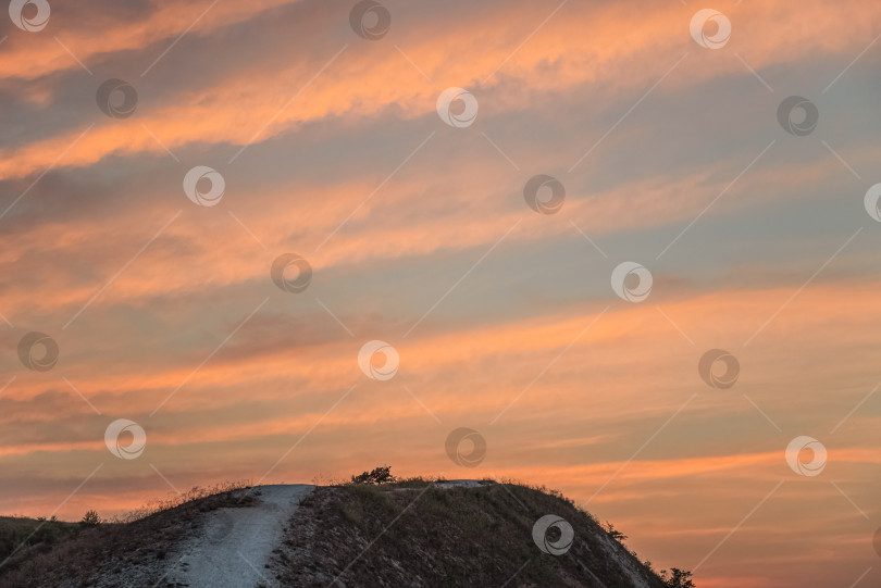 Скачать Вершина холма под впечатляющим небом с перистыми розовыми облаками на закате фотосток Ozero