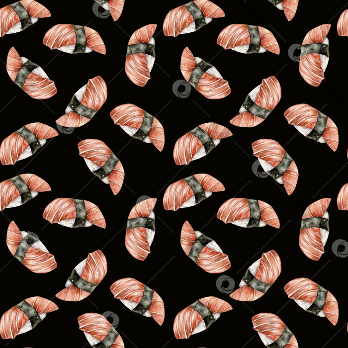 Скачать Акварельный бесшовный узор из морепродуктов на черном фоне.Нарисованный от руки фон с японскими сашими со свежим лососем сверху для меню, ресторана, кафе, дизайна упаковки фотосток Ozero