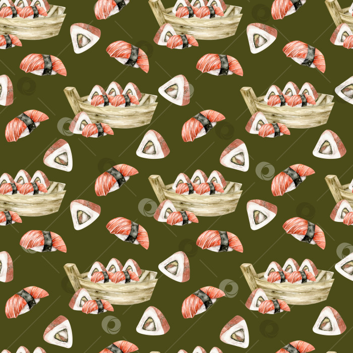 Скачать Акварельный бесшовный узор традиционных японских морепродуктов на темно-зеленом фоне. Пищевой фон с суши и сашими с лососем на деревянной тарелке-лодочке для меню, ресторана, кафе, дизайна упаковки фотосток Ozero