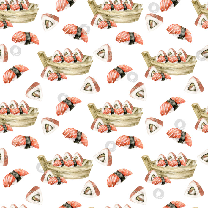Скачать Акварельный бесшовный узор традиционных японских морепродуктов. Пищевой фон с суши и сашими с лососем на деревянной тарелке-лодочке для меню, ресторана, кафе, дизайна упаковки фотосток Ozero