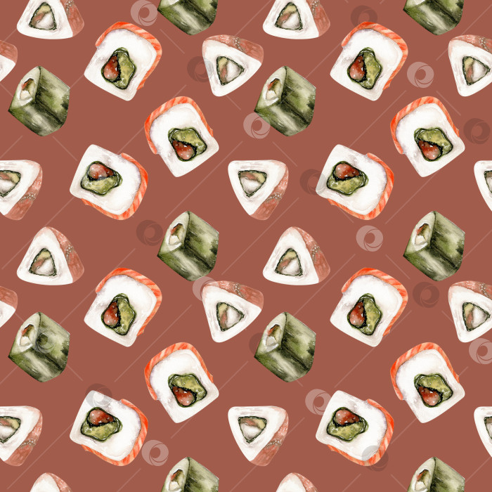 Скачать Акварельный бесшовный узор азиатских морепродуктов на темно-красном фоне. Рисованные традиционные японские суши с лососем, роллы с креветками на фоне меню, ресторана, кафе, дизайна упаковки фотосток Ozero