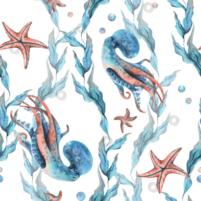 Скачать Клипарт подводного мира с морскими животными осьминогами, морскими звездами, пузырьками и водорослями. Рисованная акварельная иллюстрация. Бесшовный узор на белом фоне. фотосток Ozero