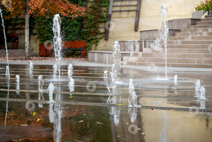 Скачать хлещущие струи плоского фонтана в городском парке крупным планом фотосток Ozero