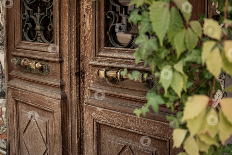 Скачать Старая потрепанная деревянная дверь с металлическими ручками крупным планом фотосток Ozero