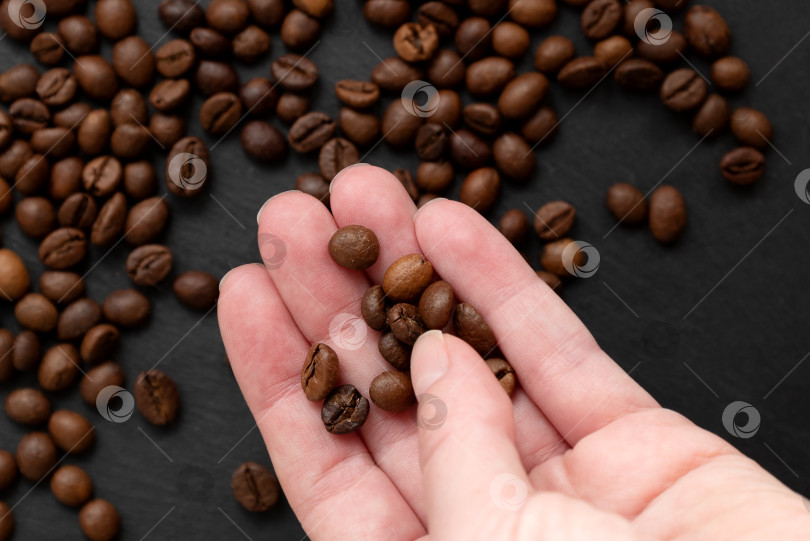 Скачать Обжаренные кофейные зерна на ладони человеческой руки на темном фоне фотосток Ozero