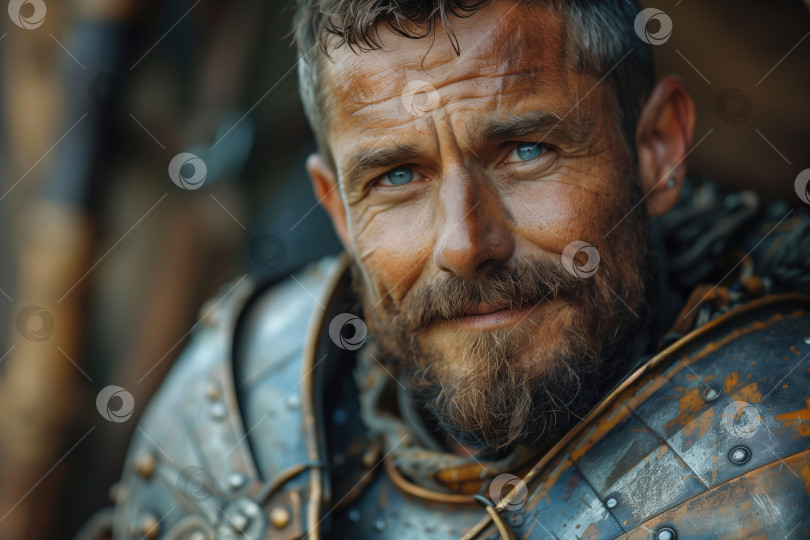 Скачать крупным планом портрет средневекового рыцаря в доспехах на размытом фоне фотосток Ozero