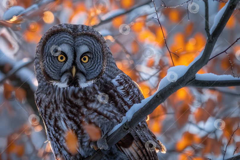 Скачать большая серая сова (strix nebulosa) в лесу фотосток Ozero