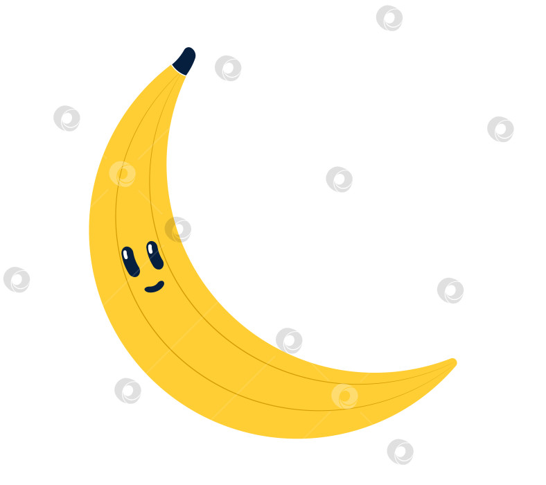 Скачать Нарисуйте банановый персонаж для детей. Улыбающийся желтый фрукт каваи с кожурой. Здоровая витаминная пища. Пальмовые фрукты. Изолированный фотосток Ozero