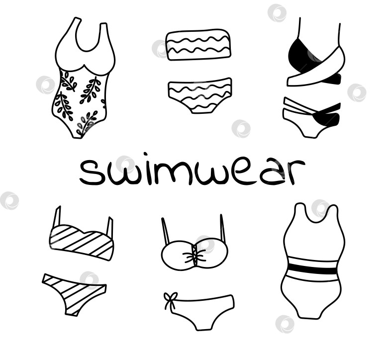 Скачать Схема набора женских купальников doodle. Цельные, раздельные плавки, бикини различных типов. Пляжная одежда в линейном исполнении фотосток Ozero