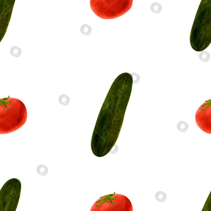 Скачать Рисованный овощной узор. Бесшовный узор из огурцов и помидоров для дизайна кухни, упаковки, меню, оберточной бумаги. фотосток Ozero