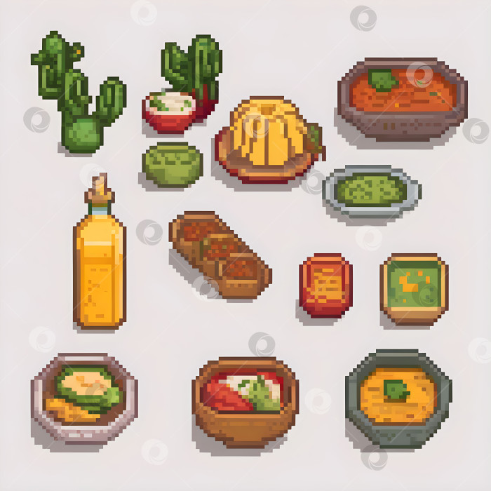 Скачать Пиксельная графика мексиканская еда цветные тарелки стол фотосток Ozero