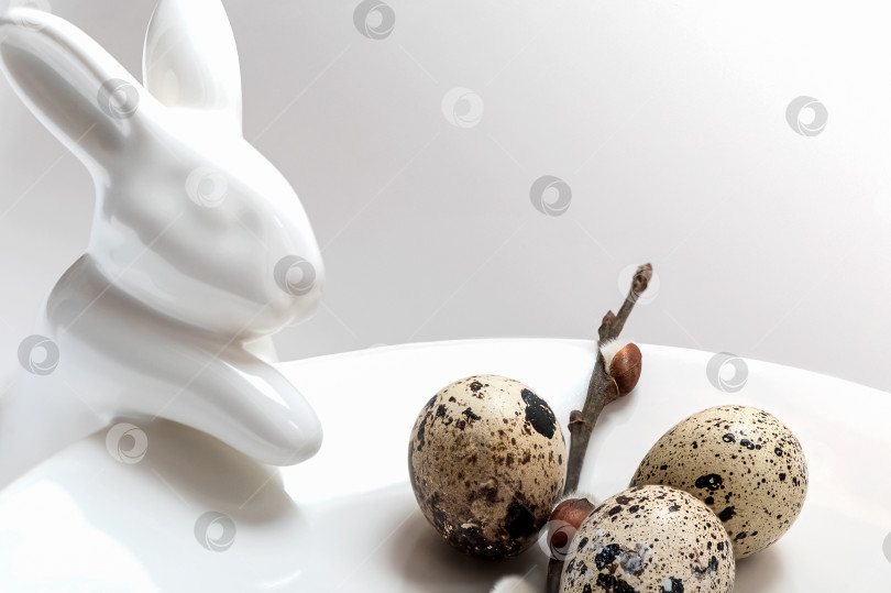 Скачать Милый белый керамический кролик пытается дотянуться лапкой до пятнистого яйца. Концепция праздника Счастливой Пасхи фотосток Ozero