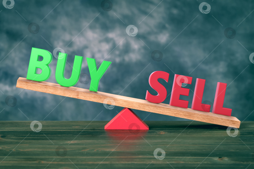 Скачать Слова "Покупай и продавай", балансирующие на настольной 3d-иллюстрации фотосток Ozero