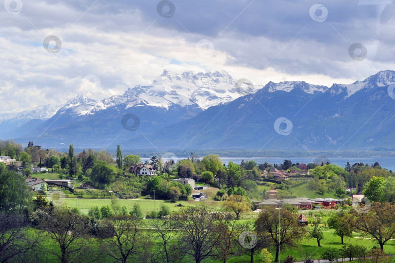 Скачать вид на швейцарскую деревню у подножия заснеженных Альп фотосток Ozero