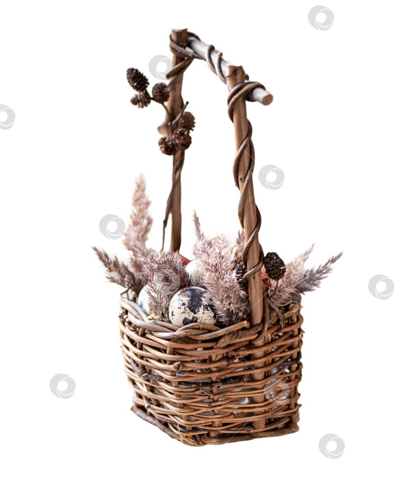 Скачать Пасхальная композиция из маленьких яиц и сухой пушистой травы в плетеной корзинке. Счастливого празднования Пасхи, пасхальная охота, поздравительная открытка фотосток Ozero