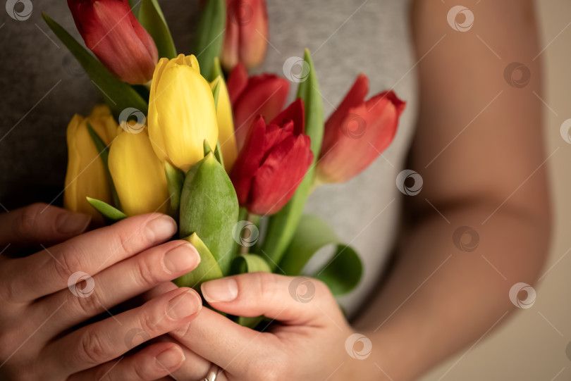 Скачать Крупным планом женские руки, держащие букет красных и желтых весенних цветов тюльпанов. Винтажный оттенок.. Выборочный фокус фотосток Ozero