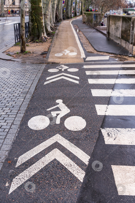 Скачать Обозначенная велосипедная дорожка вдоль улицы фотосток Ozero