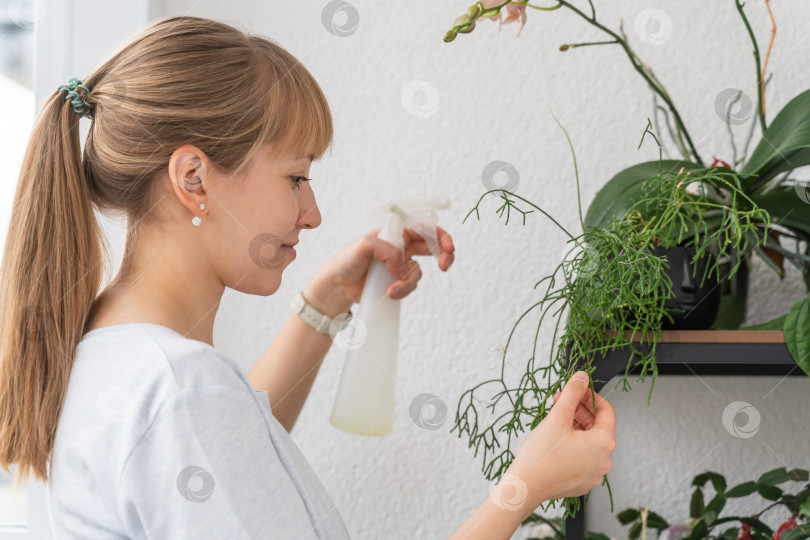 Скачать Женщина поливает растения и цветы из пластиковой бутылки на балконе. Хобби ботаника фотосток Ozero