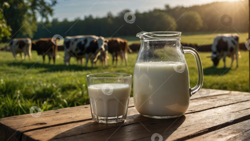 Скачать Стеклянный кувшин для натурального молока коровы на зеленом поле фотосток Ozero