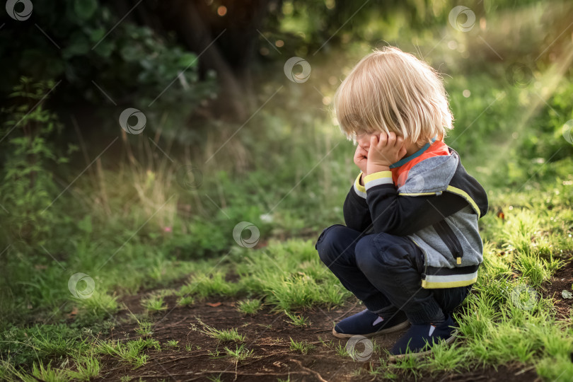 Скачать Маленький светловолосый мальчик сидит на траве в лучах солнца фотосток Ozero