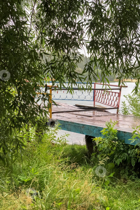 Скачать Старый деревянный пирс на берегу озера среди зелени фотосток Ozero