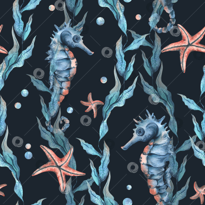 Скачать Клипарт подводного мира с морскими животными - морским коньком, морской звездой, пузырьками и водорослями. Рисованная акварельная иллюстрация. Бесшовный узор на темном фоне. фотосток Ozero