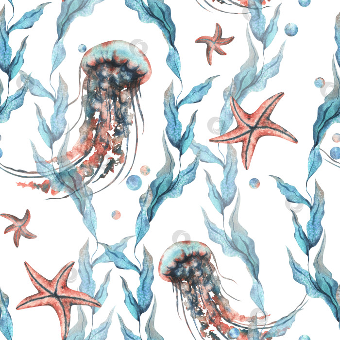 Скачать Клипарт подводного мира с морскими животными медузами, морскими звездами, пузырьками и водорослями. Рисованная акварельная иллюстрация. Бесшовный узор на белом фоне. фотосток Ozero
