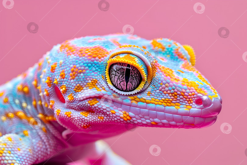 Скачать Разноцветный геккон, отдыхающий на нежно-розовом фоне фотосток Ozero