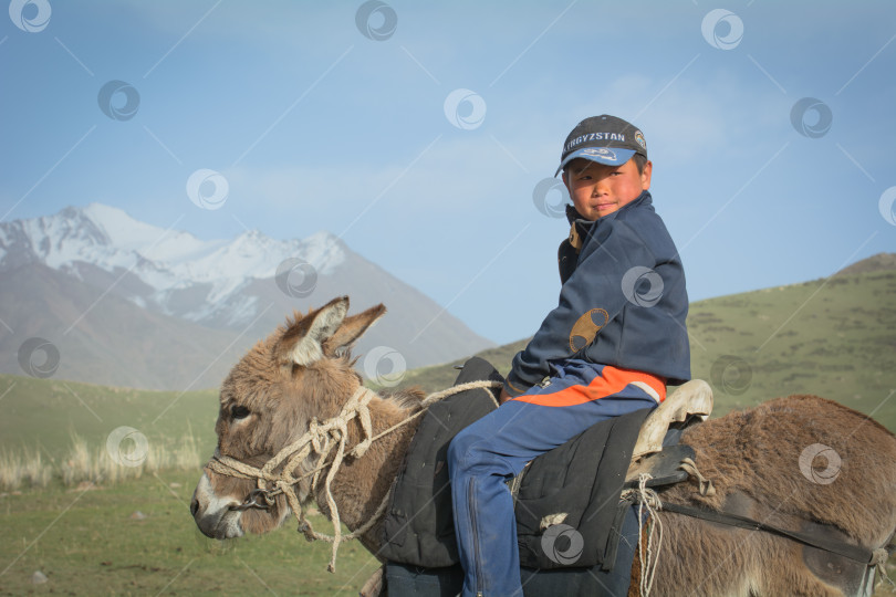 Скачать 7-летний киргизский мальчик катается на осле по горам фотосток Ozero