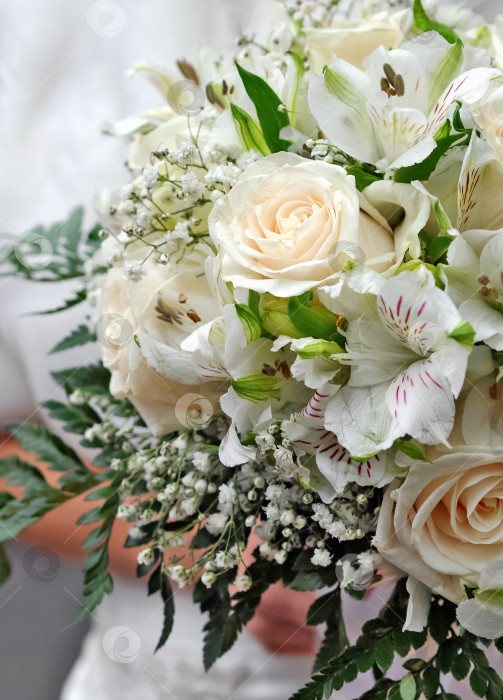 Скачать невеста держит в руках свадебный букет из кремовых роз и лилий фотосток Ozero